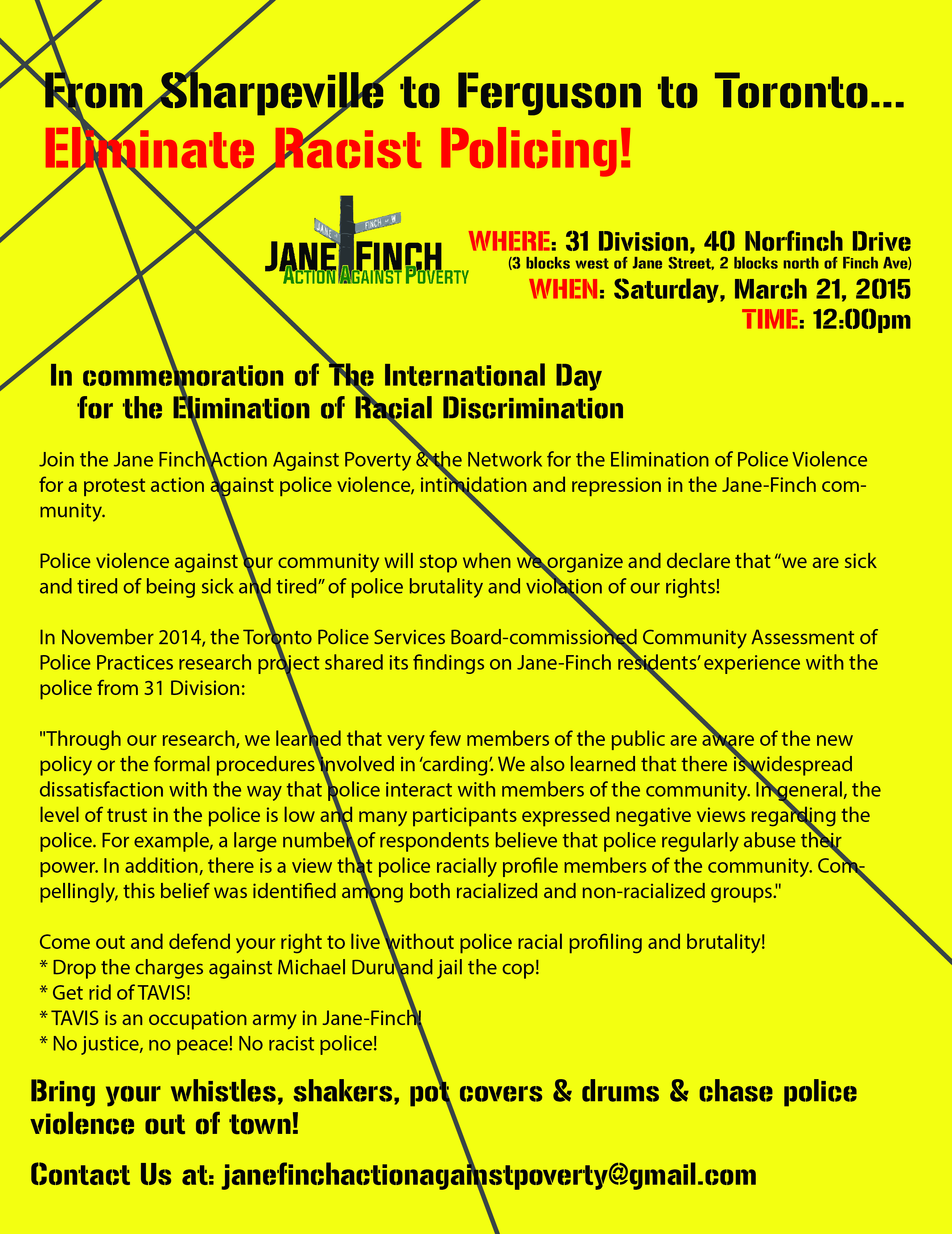 From Sharpeville to Ferguson to Toronto...Eliminate Racist Policing! Event Poster.